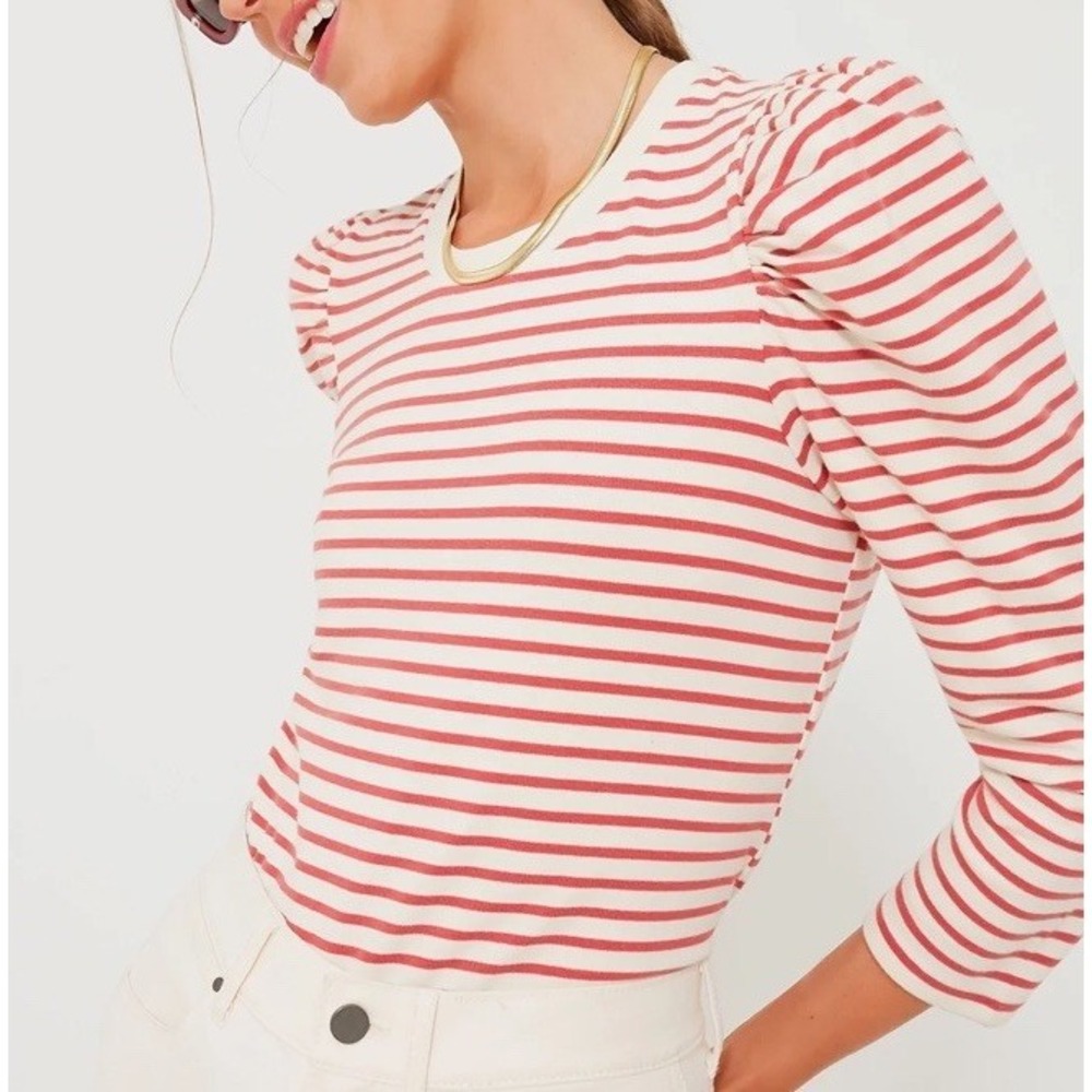 Pomander Place‎ Women's XS Red White Striped Shirt Puff Shoulder Nautical MINT
